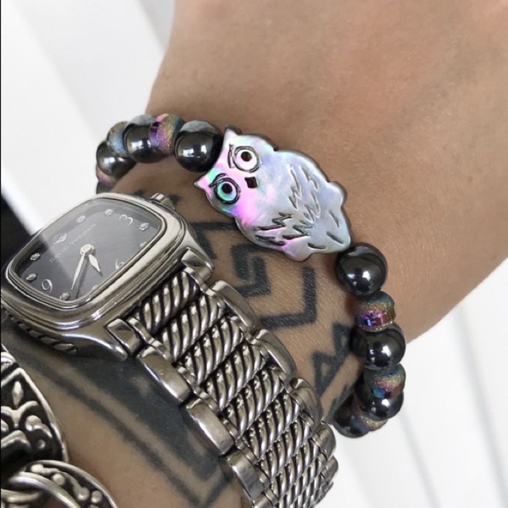 Mother of pearl owl hematite purple druzy bracelet - Picture 3 of 8